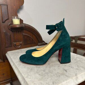 Christian Louboutin Soval 90 Teal Suede Chunky Heels size 37